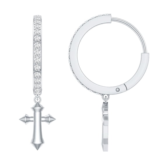 Rosec Jewels Lab Created Diamond Cross Drop Huggie Earrings - Hinged Hoop Diamond Earrings for Christmas (Ef-Vs Quality), 10K White Gold