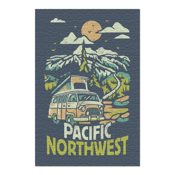 Pacific Northwest, Distressed Vector, Mountain Scene Camper Van (19x27 inches, Premium 500 Piece Jigsaw Puzzle for Adults and Family, Made in USA)
