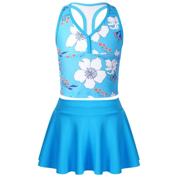 DPOIS Kids Girls 3 Pieces Bikini Set Swimsuit Printed Bathing Suit Top with Shorts Set Serene Camellia Blue 10-12