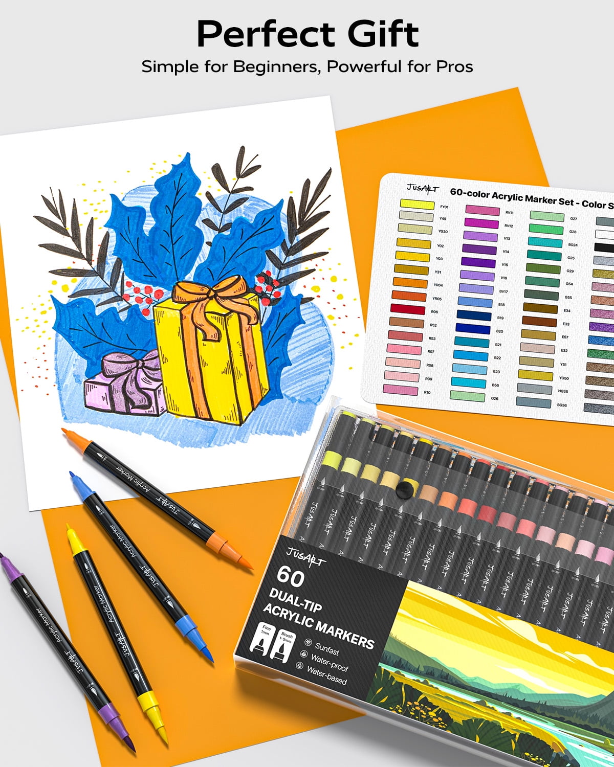 JusArt 36 Colors Dual Tip Acrylic Paint Pens Markers, Brush and Fine Tip, Premium Paint Pens for Wood, Canvas, Egg, Stone, Fabric, Rocks, Metal, Glass, Ceramic, DIY Crafts Making Art Supplies Gifts
