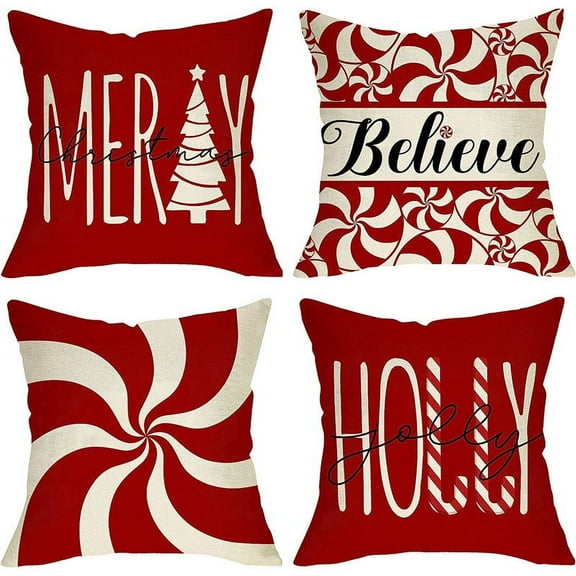 Merry Christmas Tree Decorative Throw Pillow Cover 18 x 18, Xmas Red Candy Canes Porch Patio Outdoor Pillowcase, Winter Holiday Holly Jolly Gifts Cushion Case Home Decor
