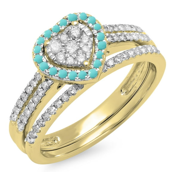 Dazzlingrock Collection 10K Round Turquoise & White Diamond Ladies Heart Shaped Engagement Ring Set, Yellow Gold, Size 6.5