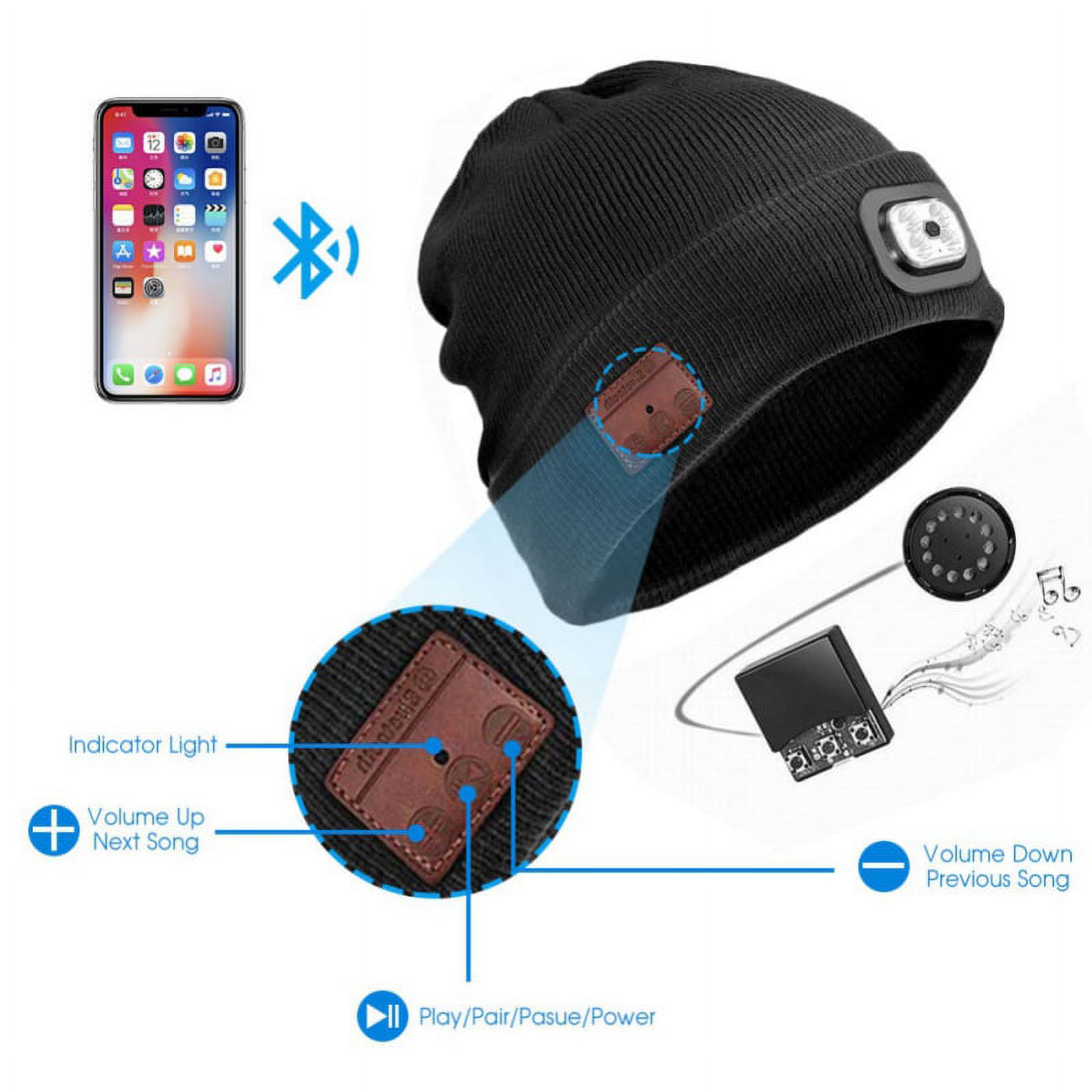 Poseca Bluetooth Beanie Hat LED Beanie Hat, Unisex Wireless Headphone Beanie USB Rechargeable Lighted Cap with Built-in HD Stereo Speakers & Mic - image 2 of 7