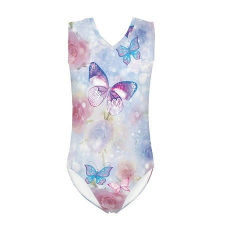FOR U DESIGNS Comfortable One Piece Swimsuit Teen Girls V Neck Bathing Suit for Beach Sports Butterfly Rose Beach Sport Bodysuit for 9-10 Years