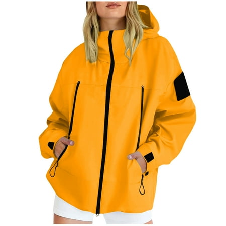 Hjlmsx Womens Hooded Rain Jacket Lightweight Windproof Waterproof Raincoat Oversized Outdoor Windbreaker with Zipper Pockets Yellow 3XL Hjlmsx Womens Hooded Rain Jacket Lightweight Windproof Waterproof Raincoat Oversized Outdoor Windbreaker with Zipper Pockets Yellow 3XL
