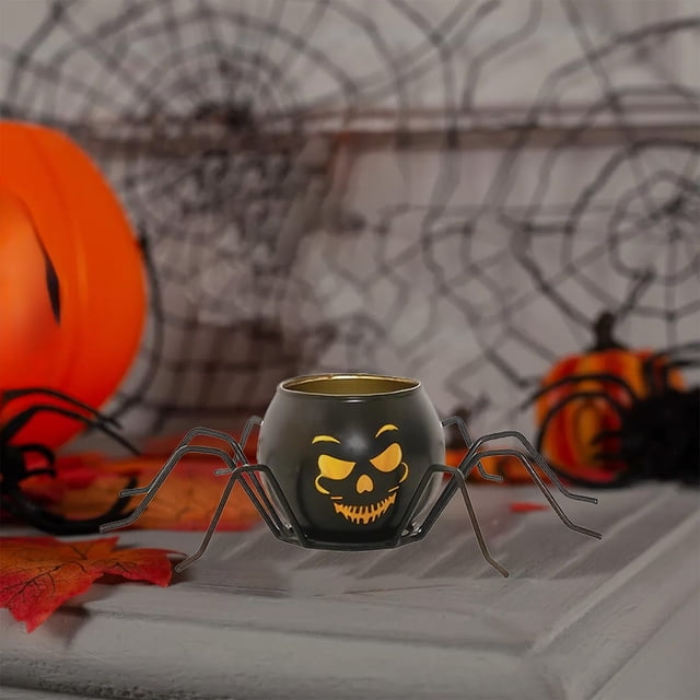 Candelabro de Hierro y Vidrio con Luces de Calabaza para Halloween, Candelabro Negro, Decoración para Fiestas, Adornos de Halloween
