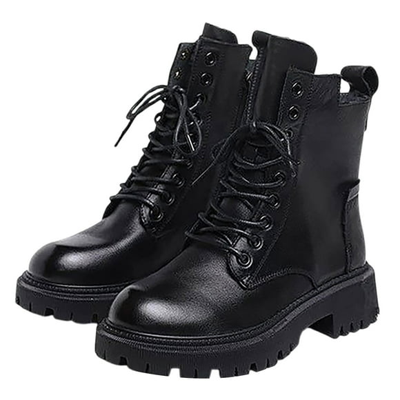 NOKIO Bottes à la Cheville en Cuir pour Femmes Bottes Rétro de Moto à Plateforme Talon Bas à Lacets et Fermeture Éclair Latérale Bottillons de Motard Mode