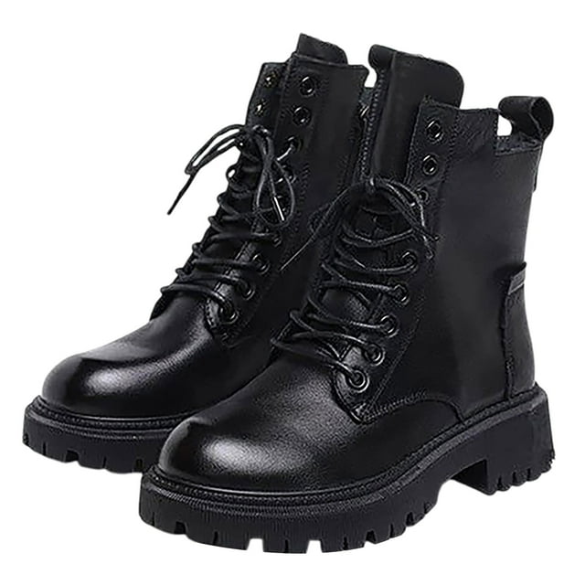NOKIO Bottes à la Cheville en Cuir pour Femmes Bottes Rétro de Moto à Plateforme Talon Bas à Lacets et Fermeture Éclair Latérale Bottillons de Motard Mode
