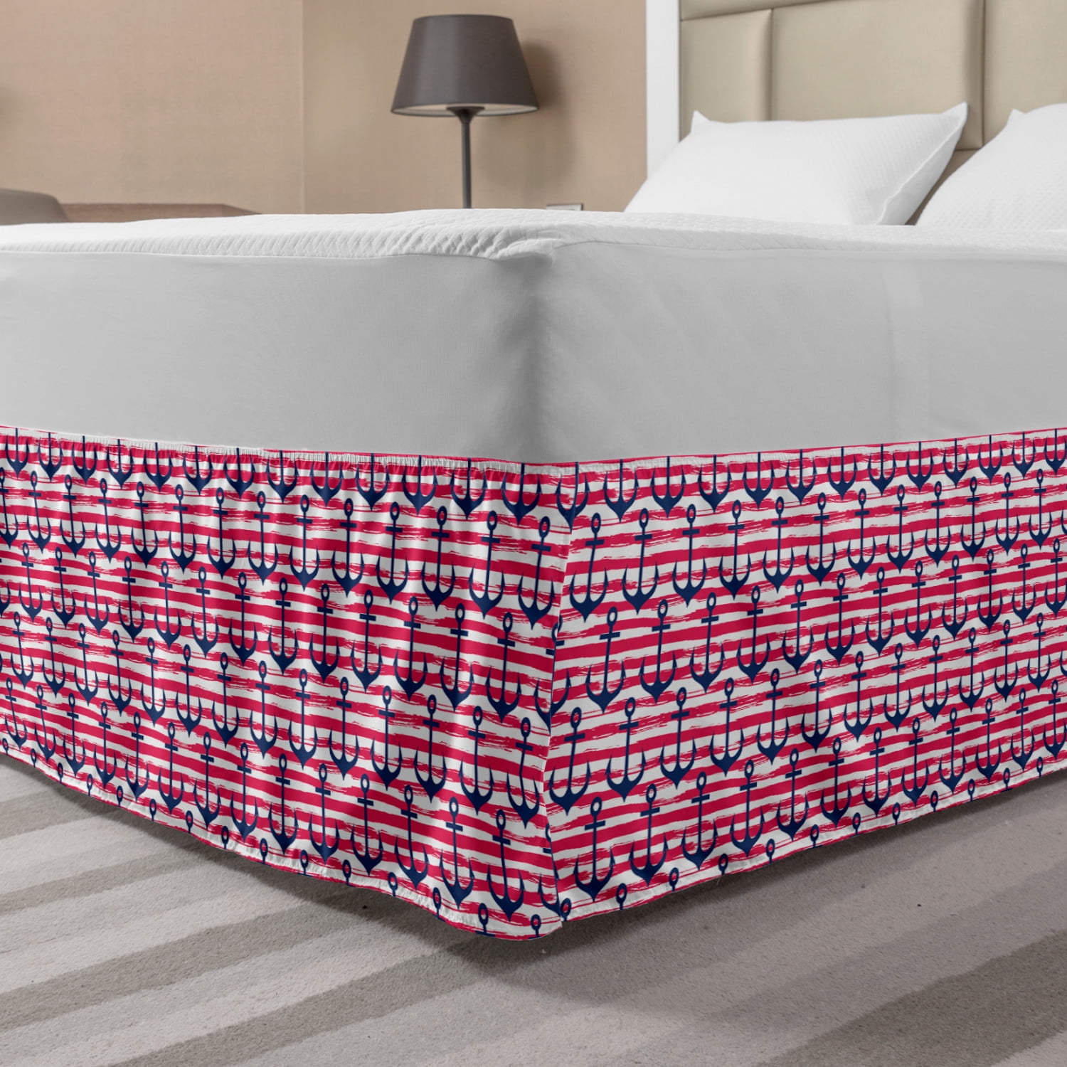 Harbour Stripe Bed Skirt, Blue Anchors on Horizontal Paintbrush Stripes
