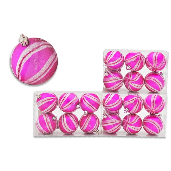 18 Pack of Matte Hot Pink Striped Ornaments with White and Hot Pink Glitter Enhancement