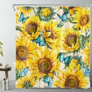 Country Sunflower Shower Curtain for Bathroom,Blue Butterfly and Yellow Floral Green Plant on Beige Fabric Shower Curtain with Hooks,Farmhouse Watercolor Bathroom Curtains Shower Set, 72x78 inches