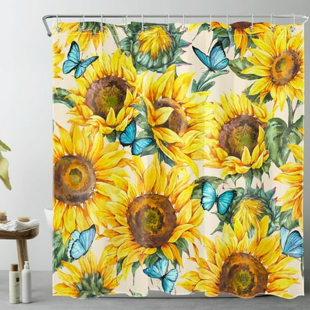 Country Sunflower Shower Curtain for Bathroom,Blue Butterfly and Yellow Floral Green Plant on Beige Fabric Shower Curtain with Hooks,Farmhouse Watercolor Bathroom Curtains Shower Set, 72x78 inches
