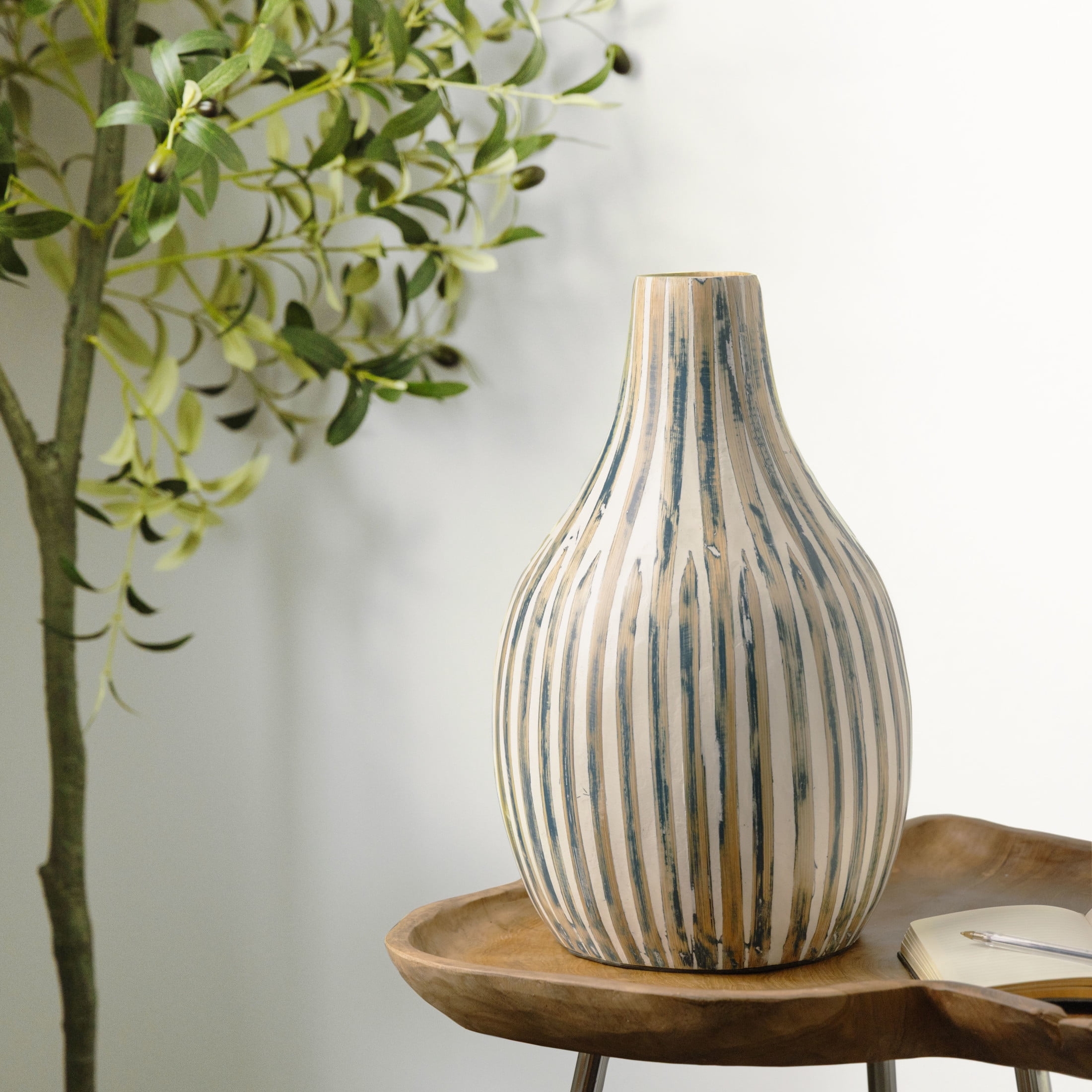 DecMode 16" Brushed Blue Bamboo Wood Vase with Cream Accents and White Stripes