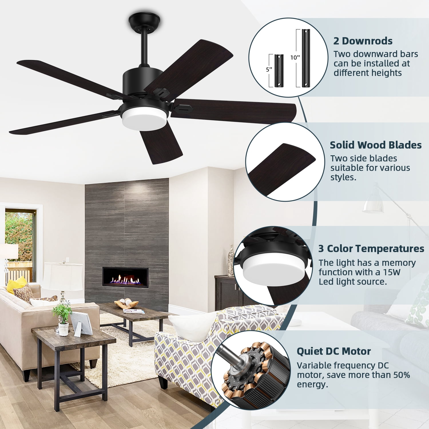 Xaujix 52'' Dimmable LED Black Ceiling Fan with Lights and Remote Control and Timing Function