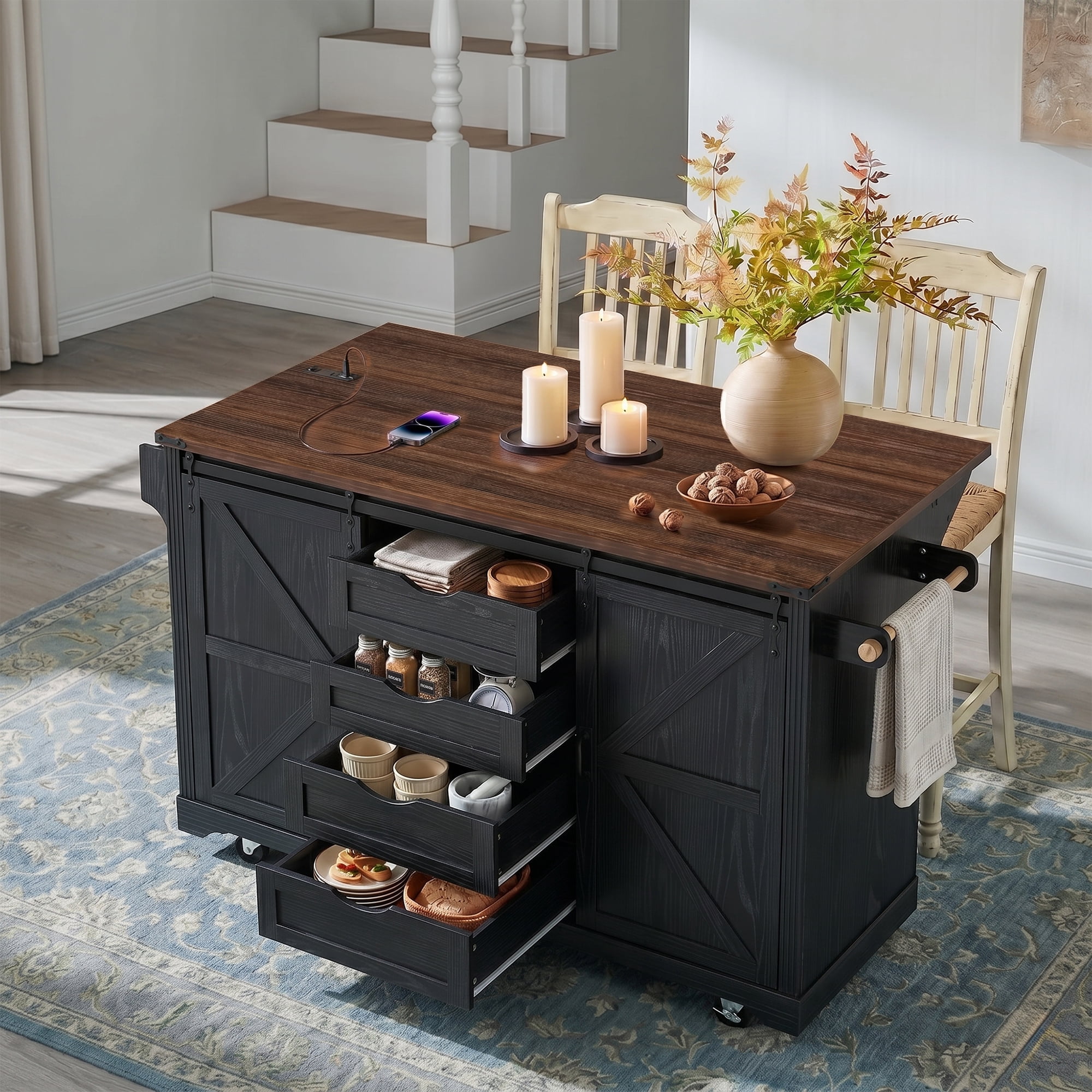Euroco Kitchen Island on Wheels with Storage,Coffee Bar Cabinet with Fridge Space,Power Outlet,4 Drawers,Glass Holder & Drop Leaf,Rolling Island Kitchen Table for Dining Room,Black