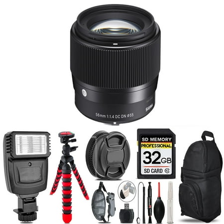 Sigma 56mm f/1.4 DC DN Contemporary Lens for Sony E + Flash + Tripod & More - 32GB Accessory Kit
