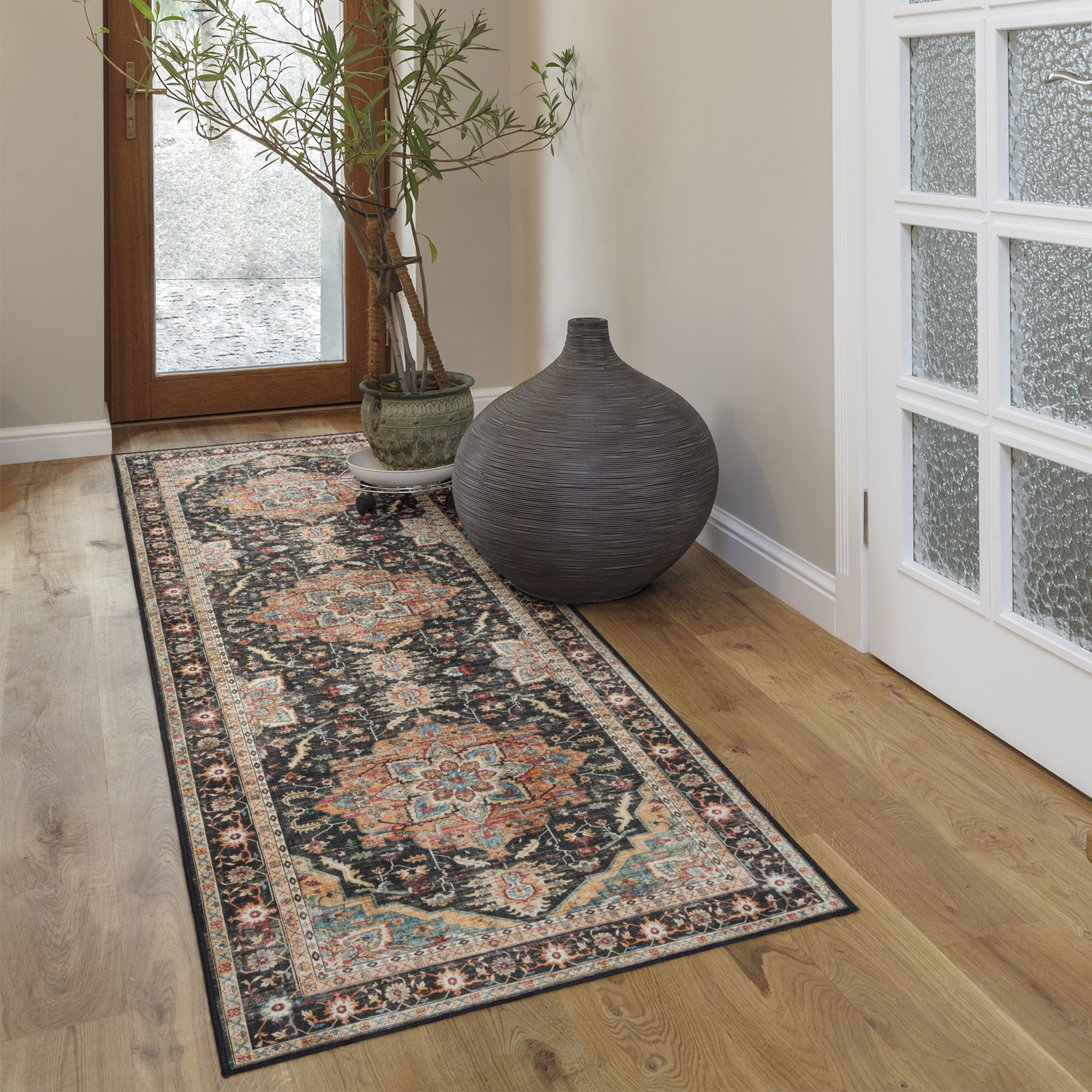 Crystal Print Tiefi Traditional Oriental Black/Beige Non-Slip Washable Indoor Area Rug, 2x6 Runner