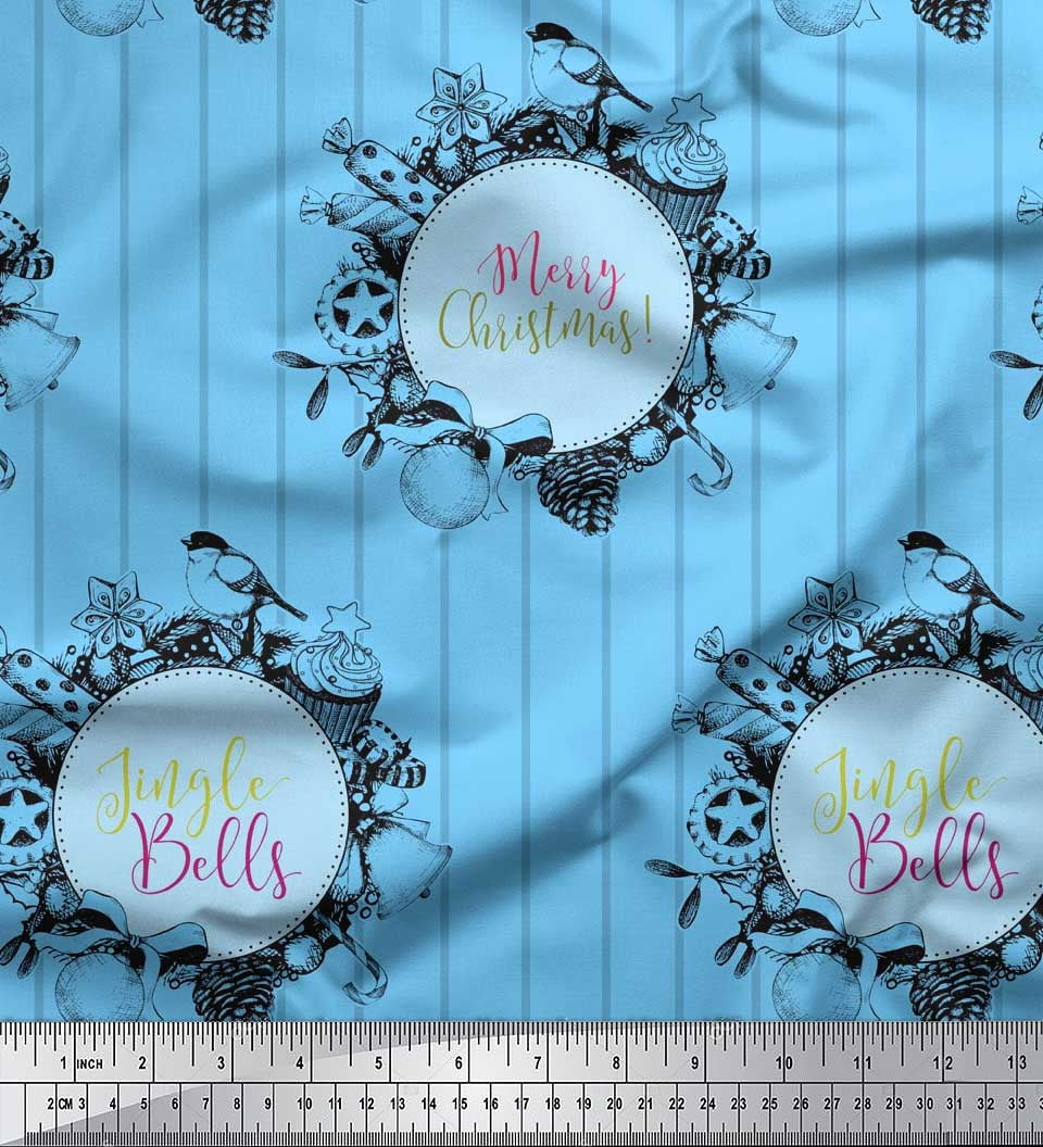 Soimoi Blue Rayon Fabric Stripe,Candies & Baubles Christmas Printed Fabric 1 Yard 56 Inch Wide