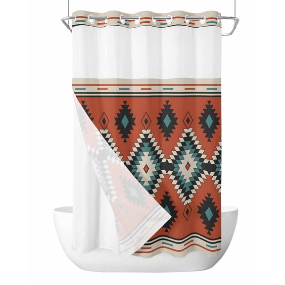 No Hook Cloth Fabric Shower Curtain with Snap in Liner, Aztec Southwest Waterproof Shower Curtains Set with See Through Top Window, Orange Red Geometric Abstract Art Bath Curtains Shower 36"x78"