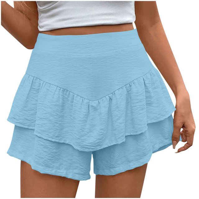 Plebaso Womens Flowy Shorts Ruffle Layered Elastic Waist Casual Shorts Solid Color Summer Beach Shorts