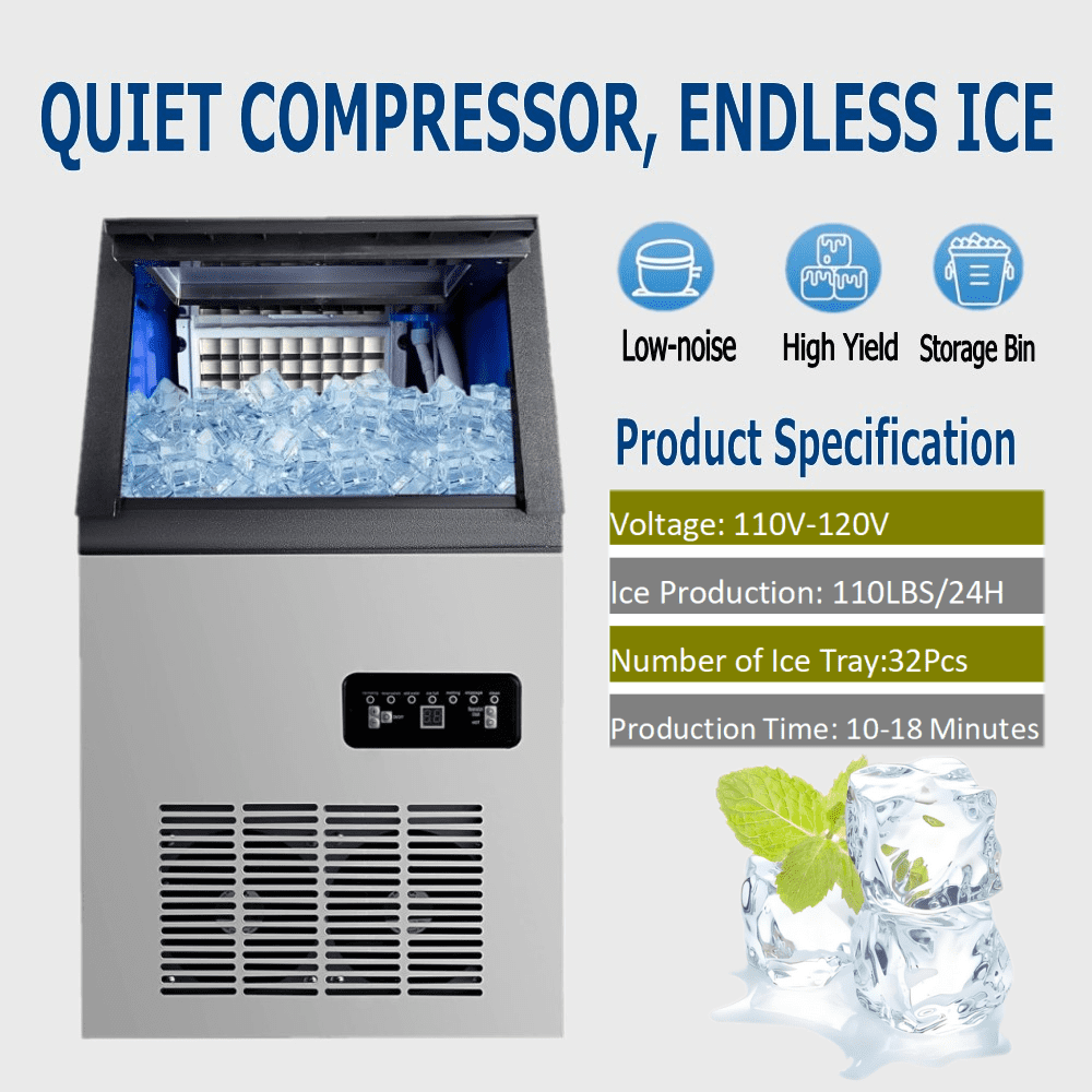 Yonopro Commercial Ice Maker Machine 110LBS/24H, Stainless Steel Ice Maker with 33LBS Bin and LCD Panel, Energy-Efficient Tap Water & Top Loading Under Counter ice Machine for Restaurant