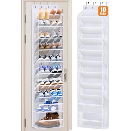 10 Tier Over the Door Shoe Organizer Breathable Mesh Hanging Shoe Rack for Closet Storage Shoe Holder for Door Fit 20 Pairs Sneakers Sandals Heels Boots (White)