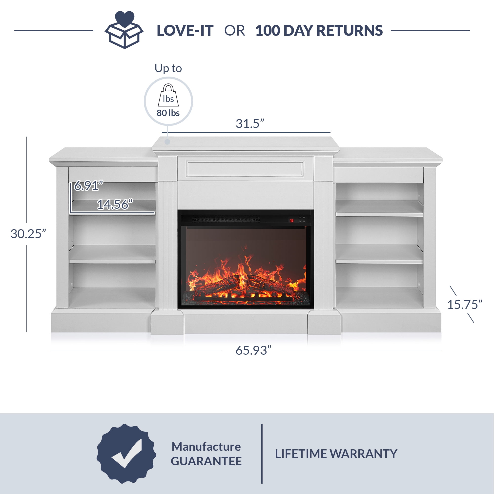 BELLEZE 66" Mantel TV Stand Entertainment Center For TVs up to 66" with 23" Fireplace - Lenore (White)