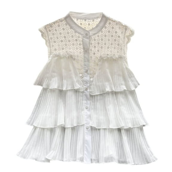 YM YOUMU Women Sleeveless Hollow Out Lace Patchwork Tank Tops Button Down Chiffon Tiered Ruffle Blouse Shirt