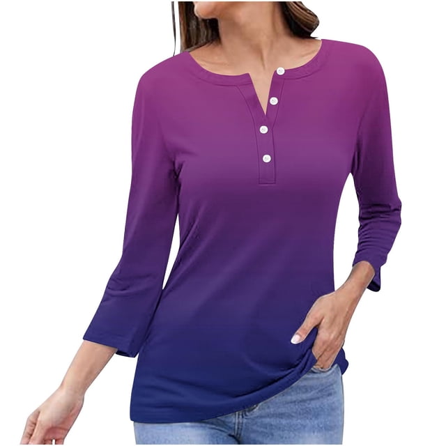 SROBPTY Longues Chemises à Manches pour Femmes, Mode Décontractée Dégradé Ample Bouton Violet, TTG