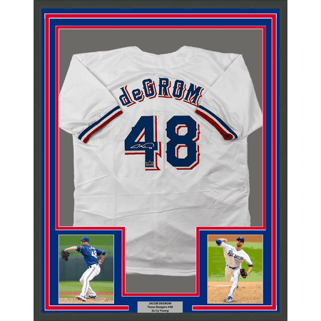 Framed Facsimile Autographed Jacob DeGrom 35x39 Texas White Reprint Laser Auto Baseball Jersey