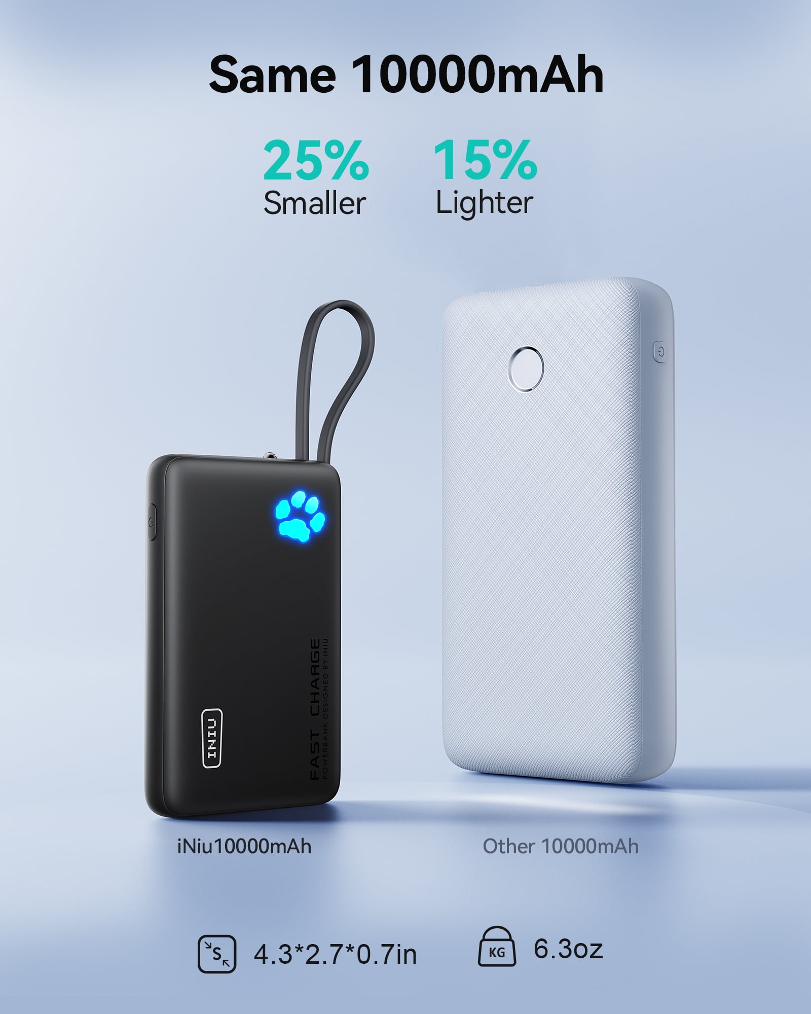 INIU Portable Charger, Slim 45W 10000mAh Power Bank with Build in USB-C Cable for iPhone 17 16 Samsung S22 S21 Google, Black