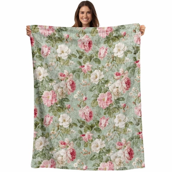 White Pink Flower Blanket Soft Cozy Warm Throw Blanket for Couch, Plush Fuzzy Flannel Fleece Blankets for Sofa, Shabby Chic Spring Vintage Leaf Green Bed Blankets Lightweight Gifts for Women, 50"x60"