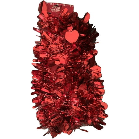 HL Valentines Decor - Red Thick Tinsel Red Hearts Garland 9ft