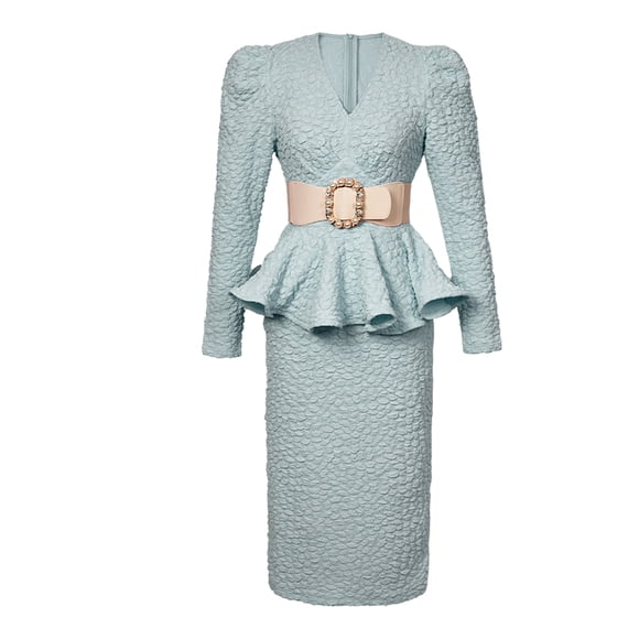 ZYHT 20872 In Stock 4 Color Choice Office Lady Long Sleeve V Neck Dress Flounces Waist Pencil Dress with Belt