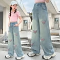 thumbnail image 5 of NOLDARES Girl's Applique Elastic High Waist Jeans Wide Leg Loose Denim Pants with pockets(Blue,11-12 Years), 5 of 6