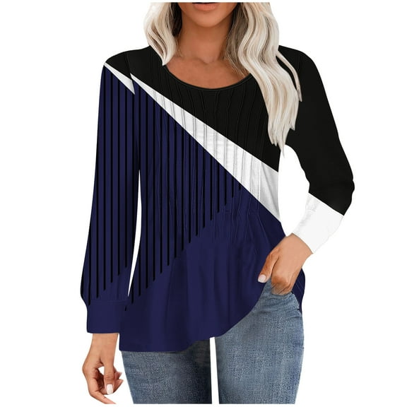 miqiqism Women Casual Pleated Shirts Comfy Long Sleeve Loose T-Shirt Juniors Comfy Round Neck Tops Fall Winter Bottoming Shirt for Ladies Trendy Gradient Printed Top,Blue,Medium