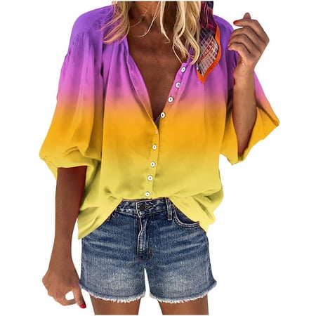 

Ziloco Women s Spring And Autumn V-Neck Button Print Shirt Casual Loose Top girls fall dress maternity tops Yellow L