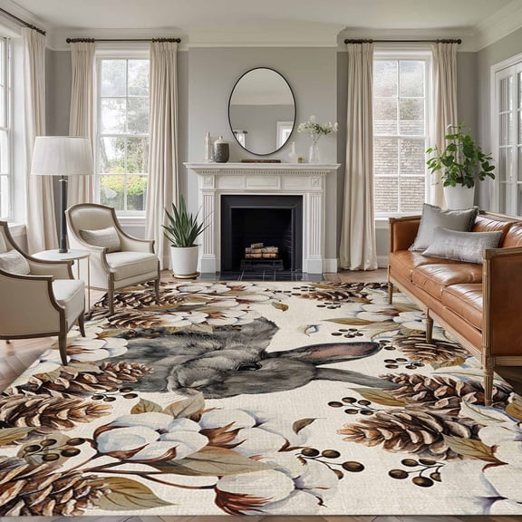 5'x7' Area Rugs for Living Room Bedroom, Grey Rabbits Washable Rug Carpet Runner Indoor Outdoor, Pine Cones Brown Plants Rustic Leaves Vintage Non Slip Floor Mats Area Rug for Kitchen, Nursery