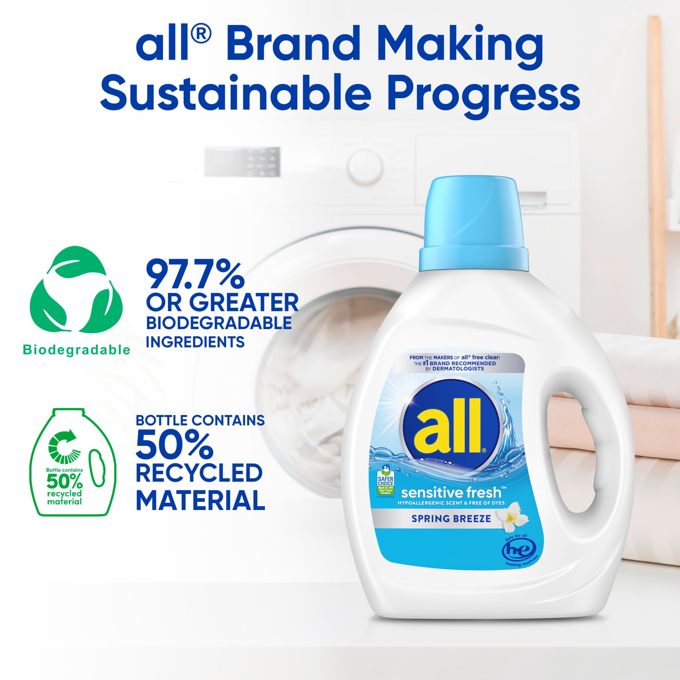 all Sensitive Fresh Liquid Laundry Detergent, Spring Breeze, 73 oz, 58 Loads