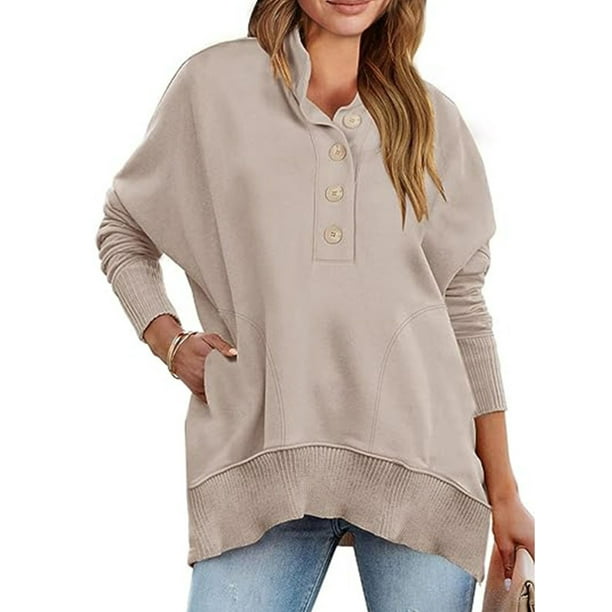 Oucaili Sudadera para mujer con tapeta, manga larga, suelta, color liso, camisa
