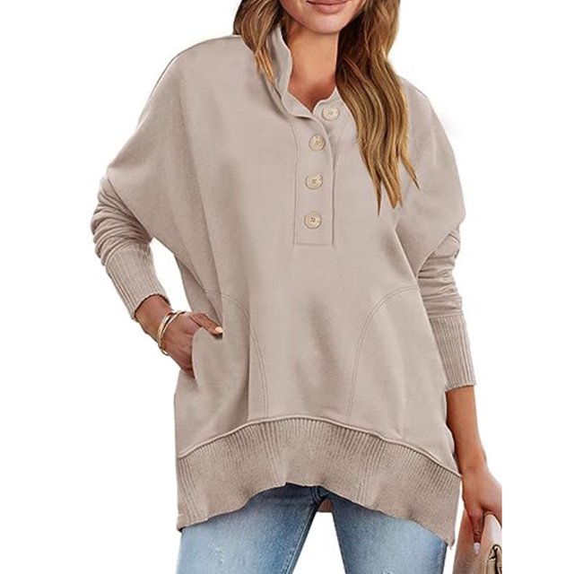 UKAP Sudadera Suelta Informal para Mujer Jersey con Botones Lisos Tops de Manga Larga de Color Sólido
