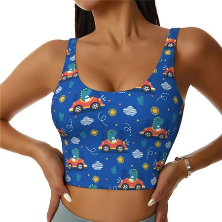Jgfou Dinosaur Driving Print Womens Sports Bra - Padded Workout Sports Bras Crop Tank Top