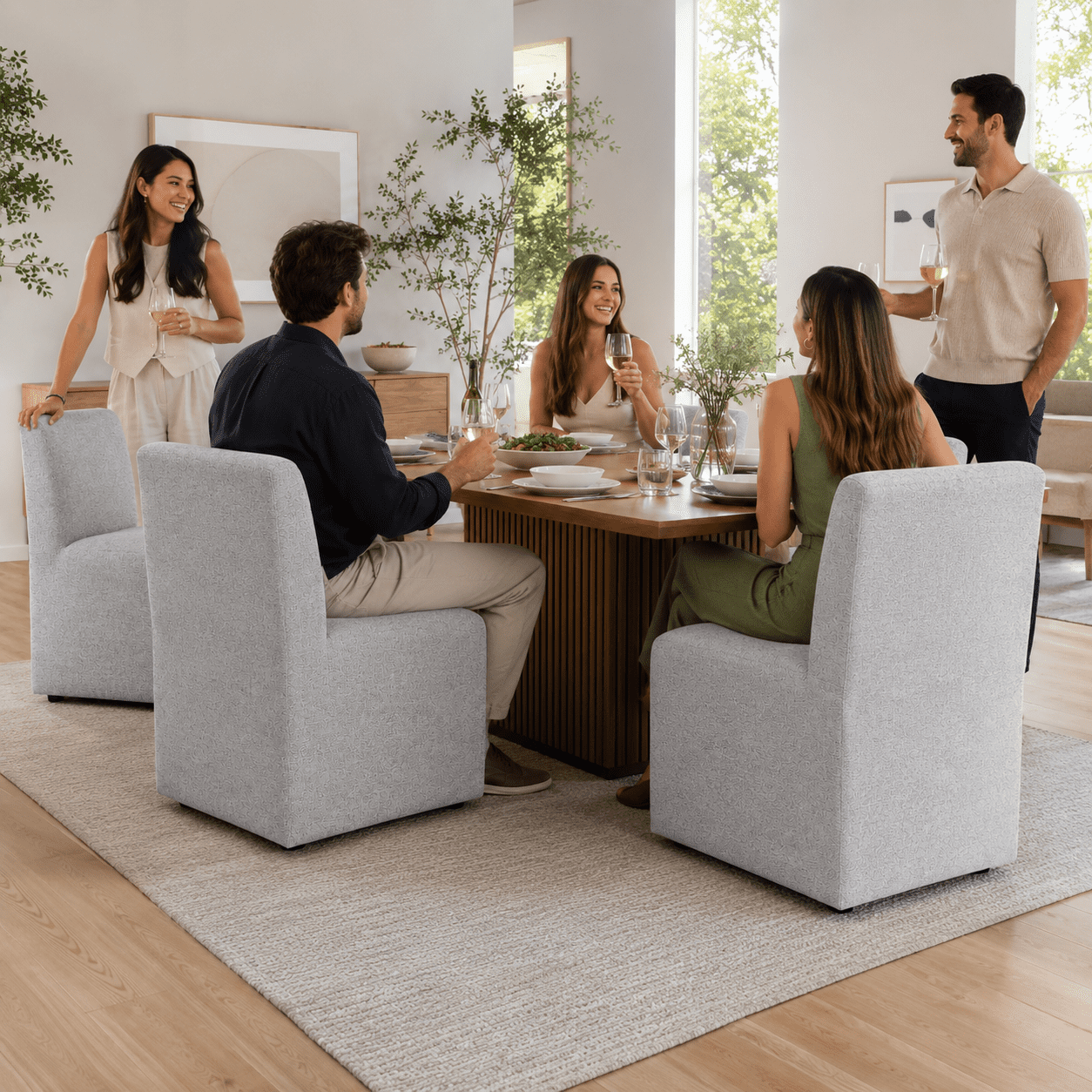 Aenkyo Dining Chairs with Casters, Set of 2, Upholstered Rolling Side Chairs, Feather Gray