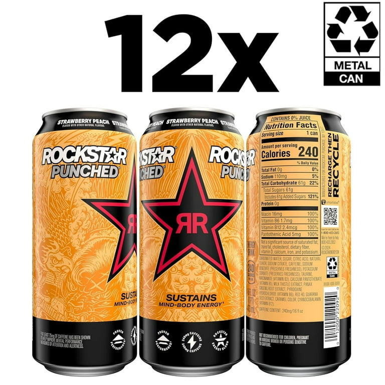 Rockstar Punched, Strawberry Peach, 16 oz, 12 count (Packaging may