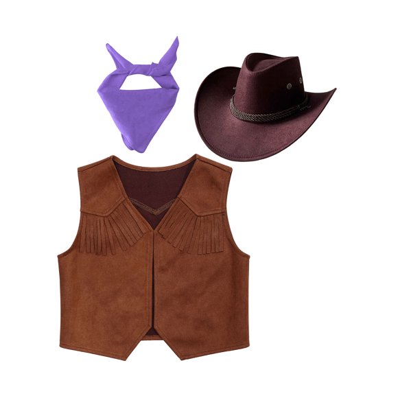 renvena Unisex Kids Western Cowboy Cowgirl Outfits Tassel Wasitcoat Top with Bandana Hats Set for Stage Party Purple 4