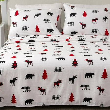 4 Piece 100% Turkish Cotton King Holiday Flannel Sheet Set | Cotton Christmas Bedding Sheets & Pillowcases | Warm, Double-Brushed Bed Sheets (King, Checkered Moose)