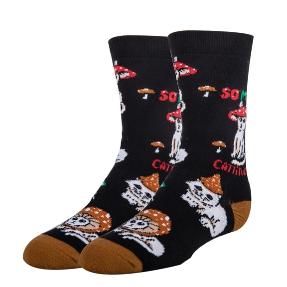 Kids Funny Crazy Silly Crew Socks, Novelty Cotton Dress Socks for Boys & Girls, Cattitude, Size 1-5