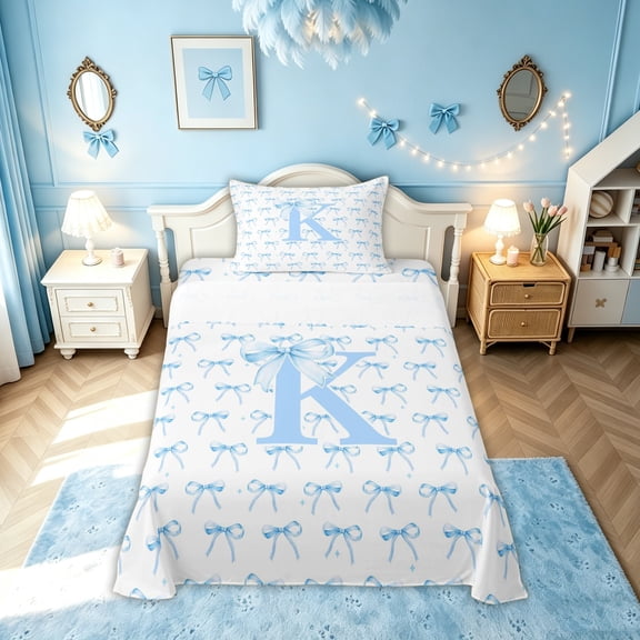 meiyoeat Cartoon Bow Letter K Twin Sheets for Girls, Princess Ribbon Print Bedding, Blue, Colorful Star Reversible, 1 Flat Sheet, 1 Fitted Sheet and 1 Pillowcase