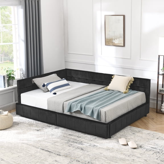 Noble House Carola Full Size Velvet Daybed Frame, Tufted Upholstered Sofa Bed with Underbed Storage Drawers, Black