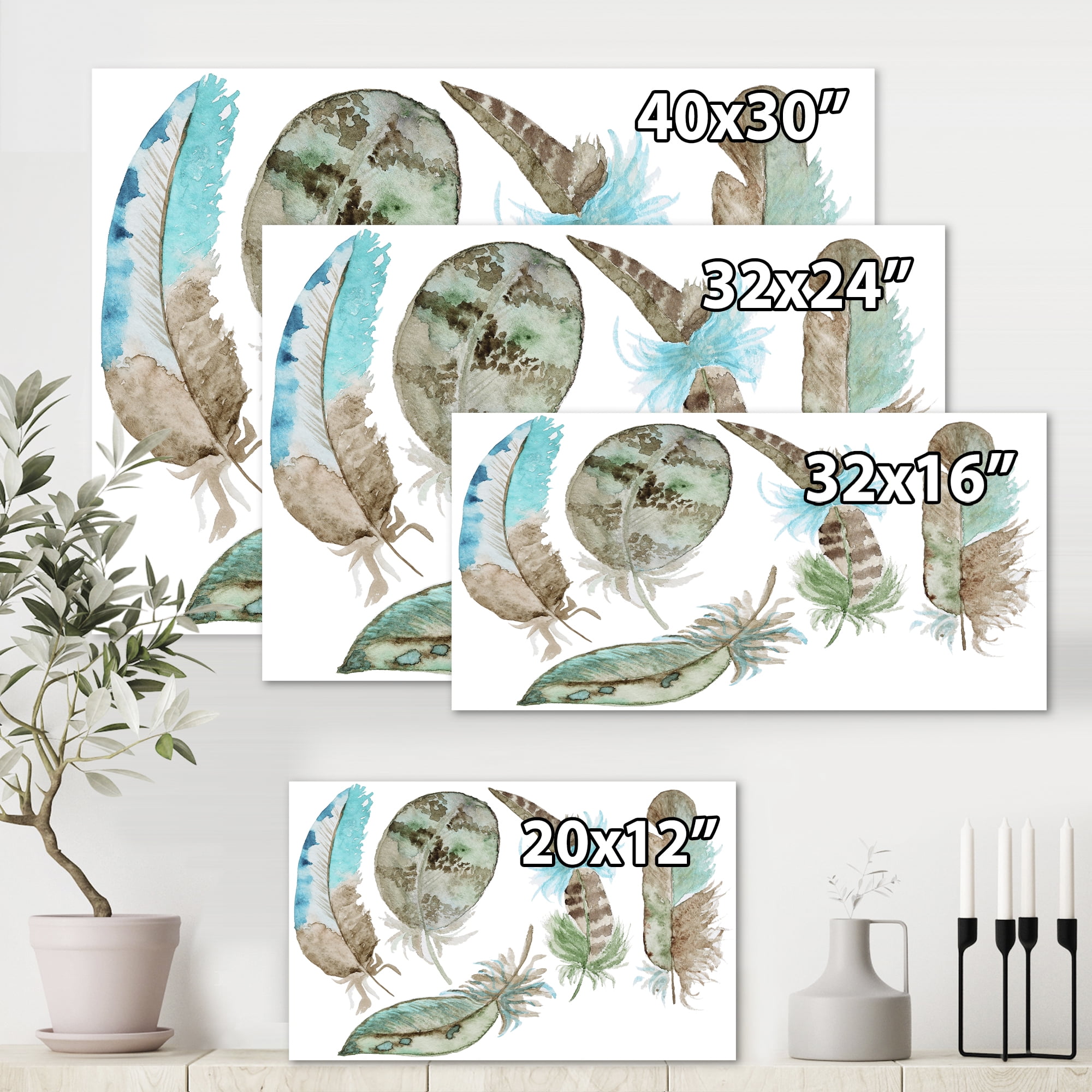 Designart ' Green Feathers Set On White ' Bohemian & Eclectic Canvas Wall Art Print